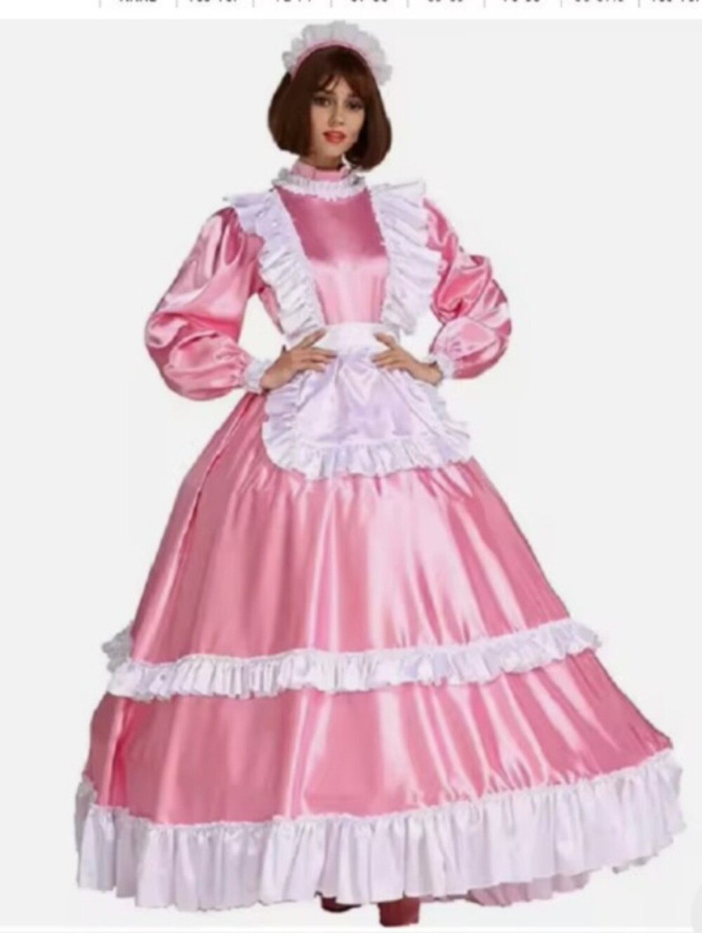 2pc Victorian Satin Maid Costume with White Ruffles & Apron (Pink 🩷)-XXS